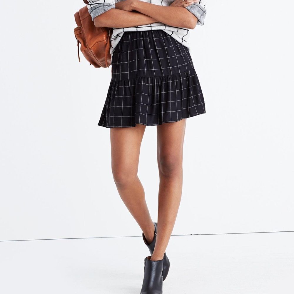 Madewell Ruffle-Hem Windowpane Black Mini Skirt Size 10